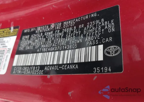 2007 Toyota Camry Le из США, поврежденный, VIN 4T1BE46K07U143605